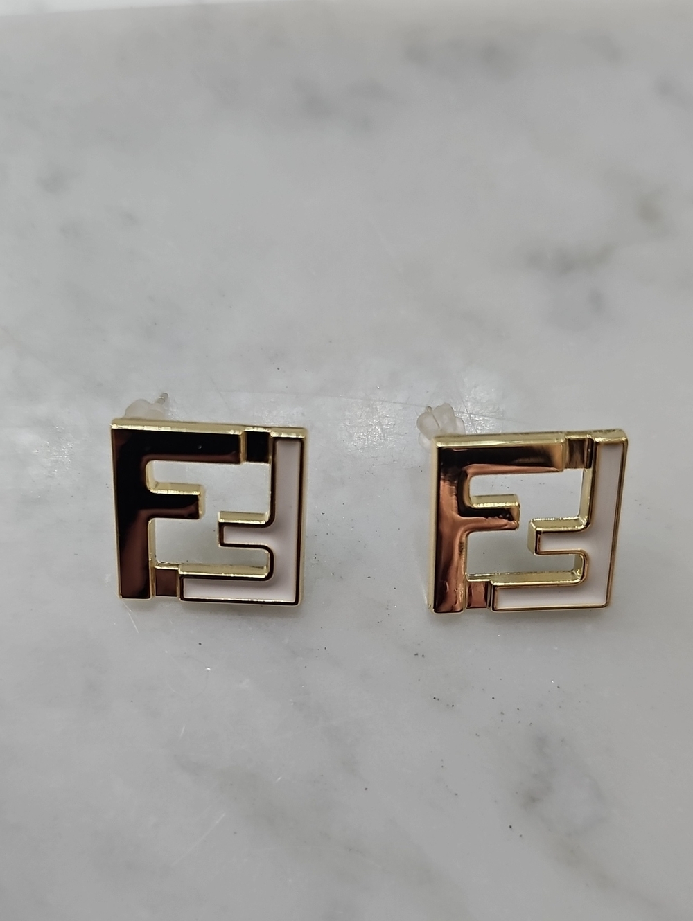 Fendi Gold and White Geometric Square Stud Earrings